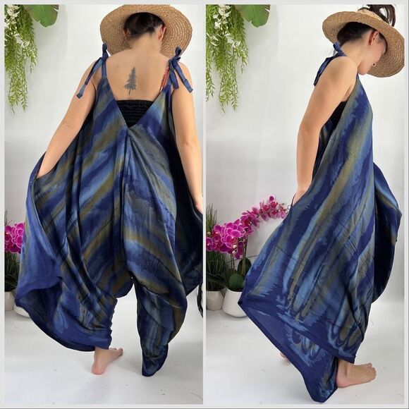 Pōʻalima Blue Tan Tropical Boho Wide Leg Beach Romper - Picture 3 of 14